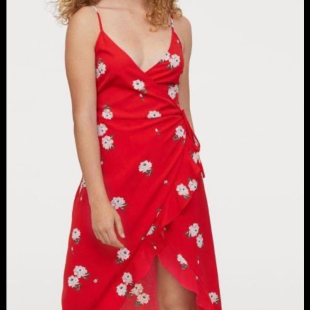 H&M Divided strappy wrap dress, featuring a white floral, high low flounce hem